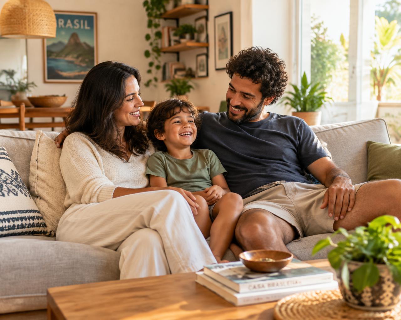 Família sorrindo no sofá da sala de casa